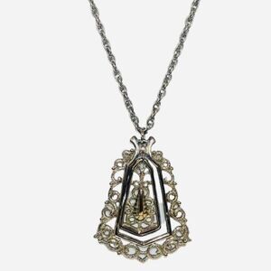 Women’s Silver Tone Art Deco Large Filigree Floating Pendant Lariat Necklace 38”